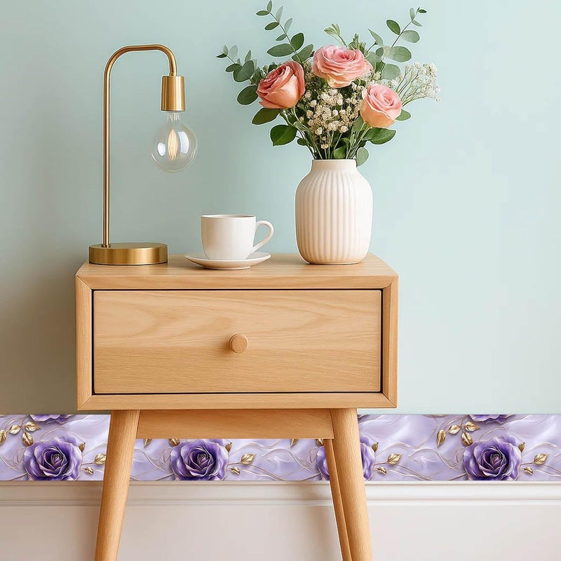 IVN Wallpaper Border Peel and Stick Wall Accent 4x196 Inch PVC Purple Rose Gold Leaf Pattern Self Adhesive Decorative Wall Trim for Living Room Bedroom Hallway Elegant Romantic Style - Image 2